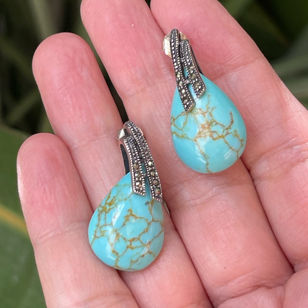 Turquoise Marcasite Solid Sterling Silver Drop Ea… - image 4